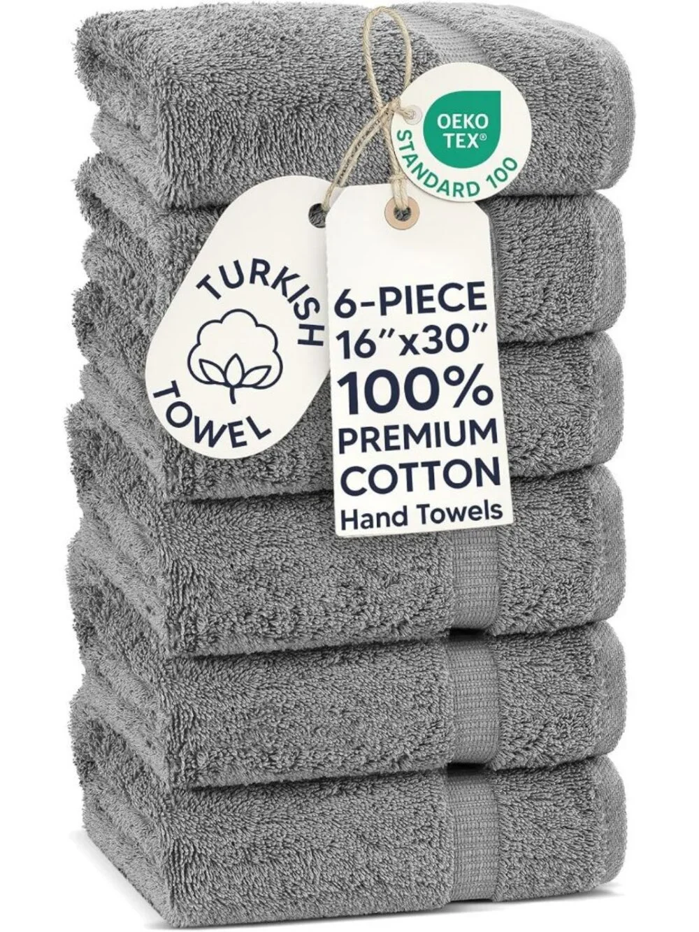 Soft 100% Cotton Hand Towels Set of 6, 16x30, Luxurious Gray Turkish Linens